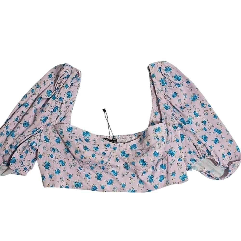 Zara Sz XXL Floral Cropped Babydoll Coquette Feminine NWOT Lined Puff Sleeve Top
